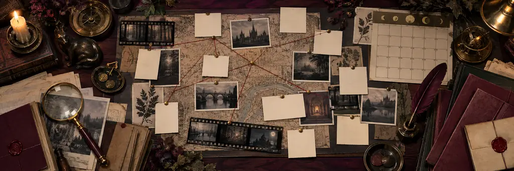 An illustrated production evidence desk with blank cards, photographs, film strips and connecting thread