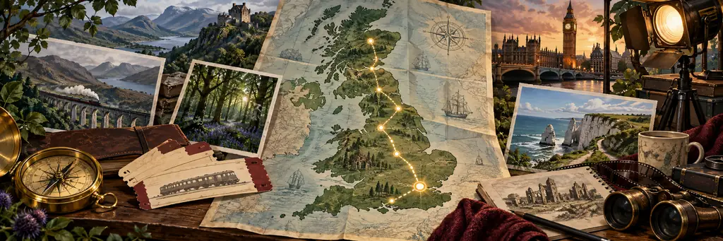 An illustrated travel desk with a map of Great Britain, route markers, woodland, coast and studio equipment