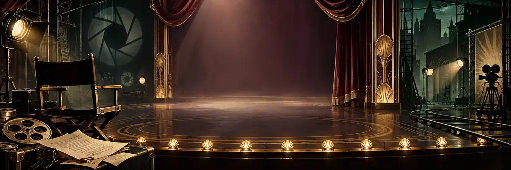 An original illustration merging an empty theatre stage with a film set, scripts, lights and camera equipment