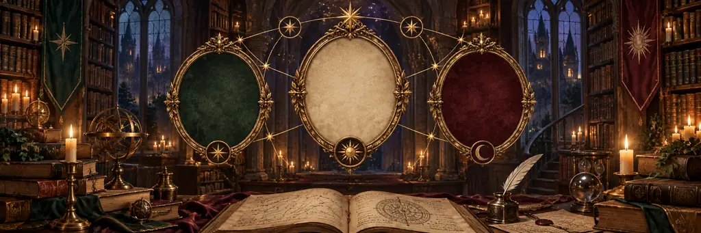 An original candlelit library illustration with three empty portrait frames connected by golden constellation lines