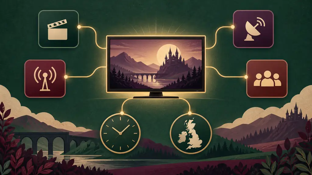 An original diagram showing a television connected to abstract channels, a clock and a map of the United Kingdom