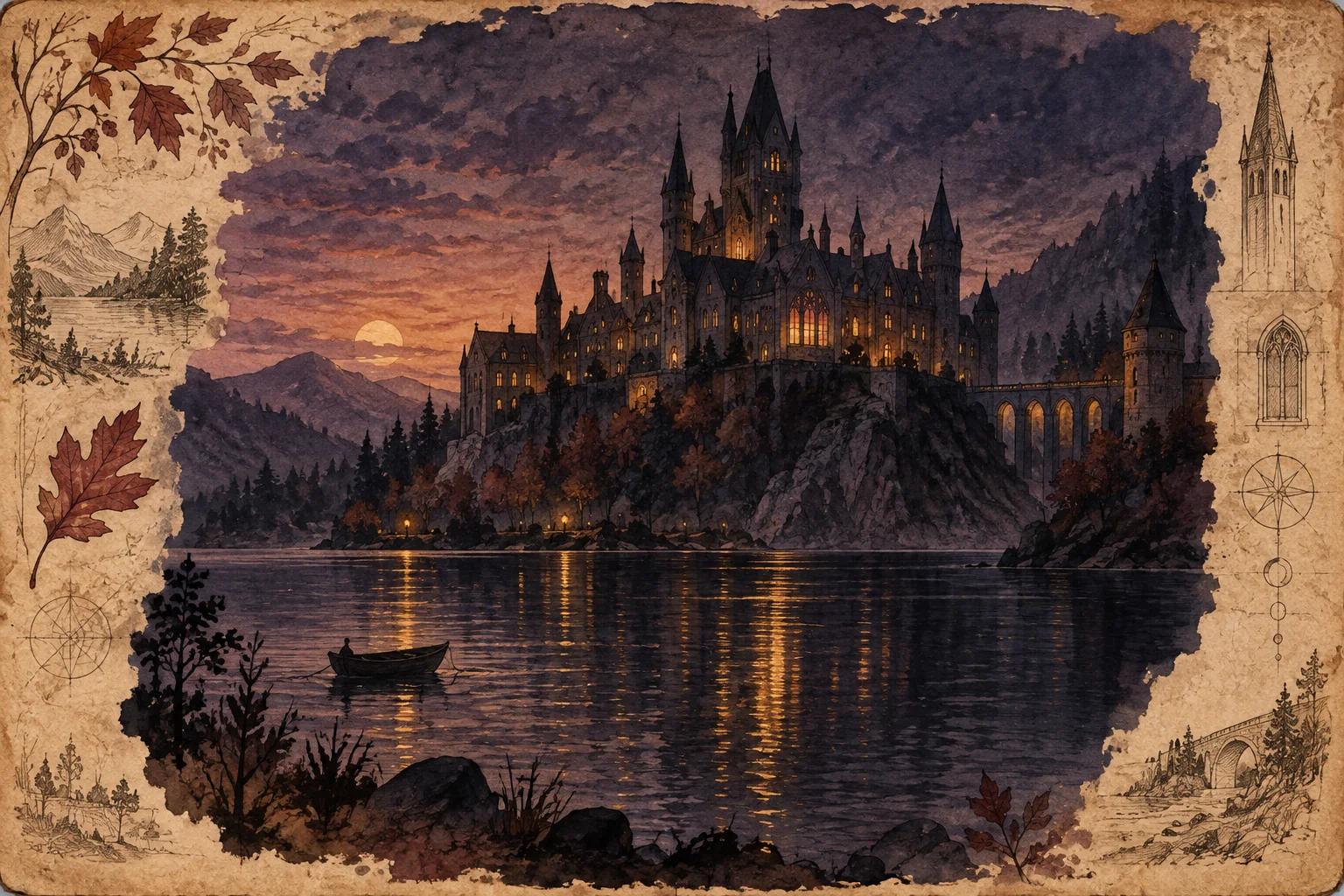 Original watercolour field-note illustration of an old magical school beside a lake at dusk