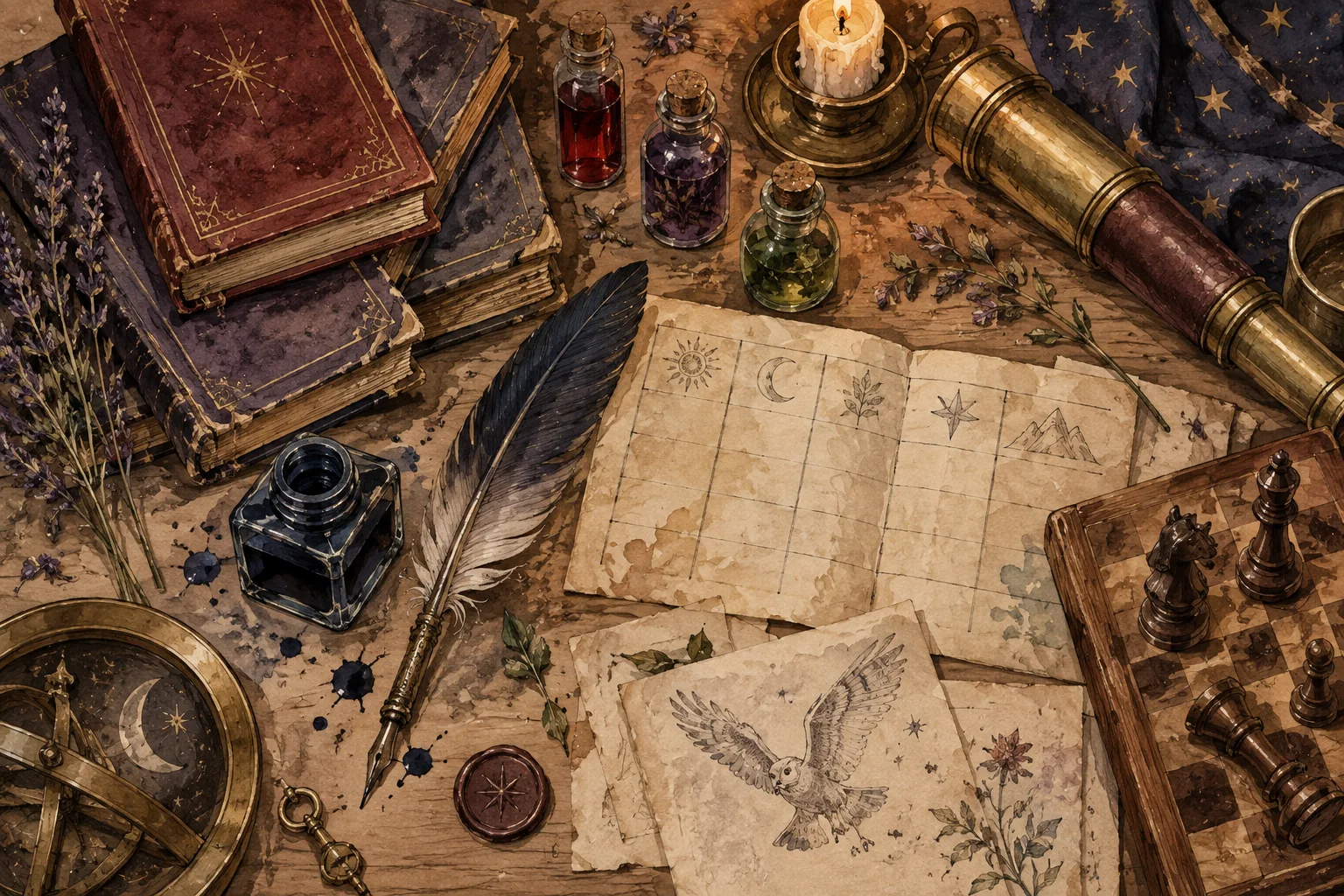 Original illustrated field-notebook study of magical school supplies