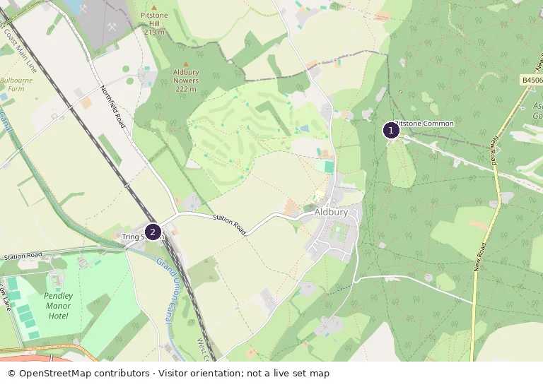 OpenStreetMap orientation map: marker 1 Ashridge Estate; marker 2 Tring Railway Station