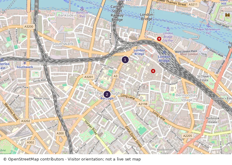 OpenStreetMap orientation map: marker 1 Borough High Street; marker 2 Borough