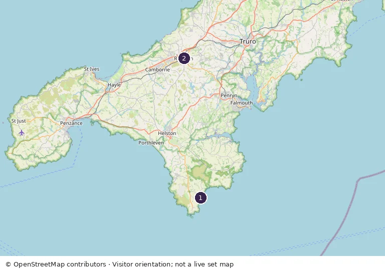 OpenStreetMap orientation map: marker 1 Cadgwith and Kynance; marker 2 Redruth Railway Station