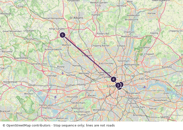 OpenStreetMap itinerary orientation map; numbered stops listed in the caption