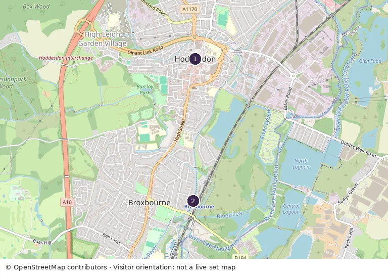 OpenStreetMap orientation map: marker 1 Hoddesdon; marker 2 Broxbourne Railway Station