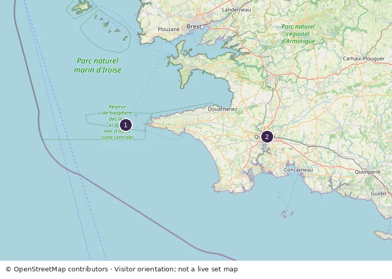OpenStreetMap orientation map: marker 1 Île de Sein; marker 2 Quimper