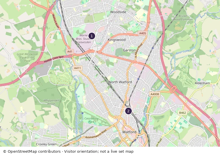 OpenStreetMap orientation map: marker 1 Studio Tour public entrance; marker 2 Watford Junction Railway Station (bus station)