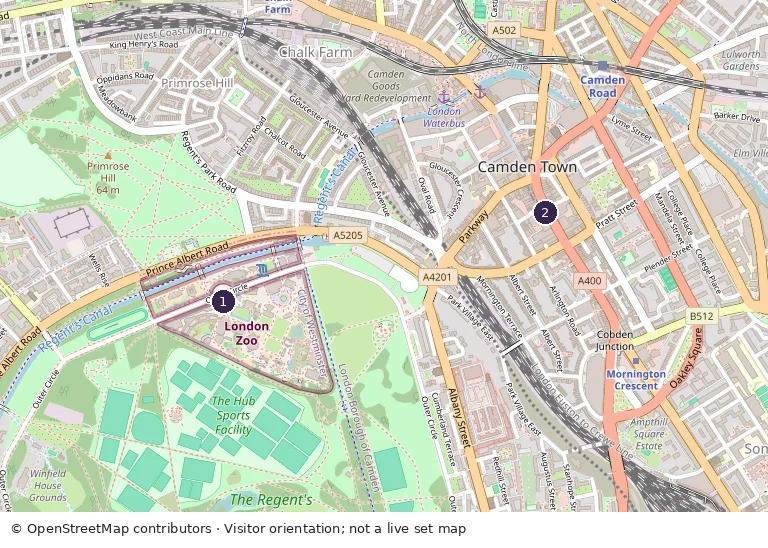 OpenStreetMap orientation map: marker 1 London Zoo; marker 2 Camden Town Station