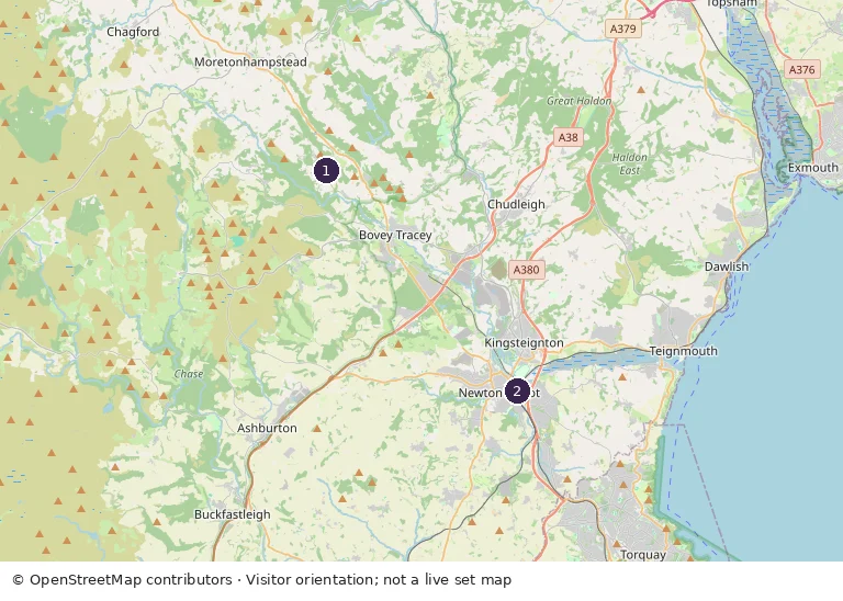 OpenStreetMap orientation map: marker 1 Lustleigh; marker 2 Newton Abbot Railway Station