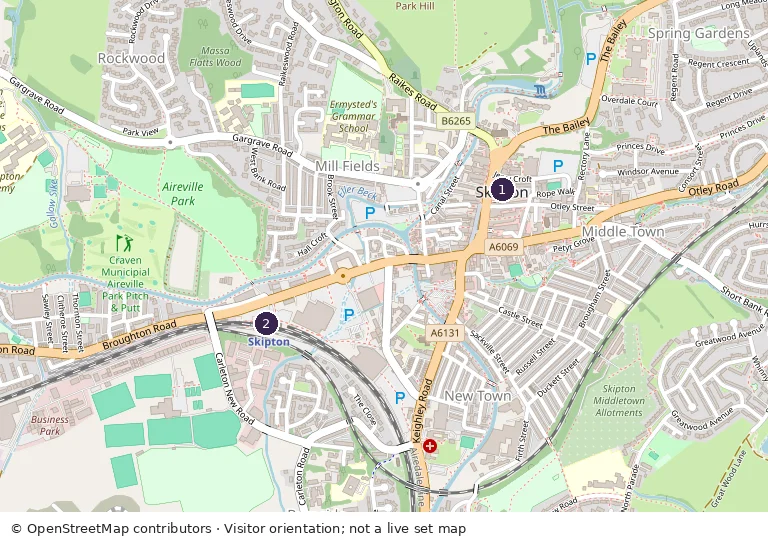 OpenStreetMap orientation map: marker 1 Skipton; marker 2 Skipton Railway Station