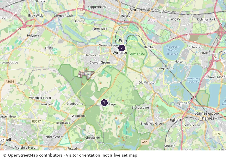 OpenStreetMap orientation map: marker 1 Windsor Great Park; marker 2 Windsor and Eton Central